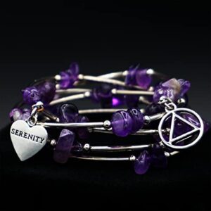 The Token Shop Amethyst AA Bracelet with Alcoholics Anonymous Circle Triangle Symbol and Serenity Heart Charm | Sobriety Gift for Women