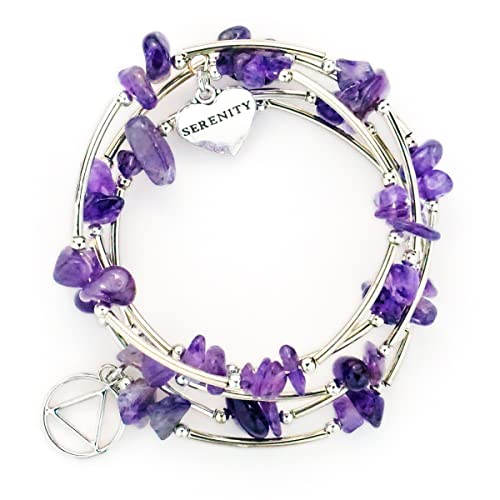 The Token Shop Amethyst AA Bracelet with Alcoholics Anonymous Circle Triangle Symbol and Serenity Heart Charm | Sobriety Gift for Women