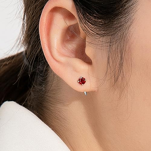 Red Garnet Small Hoop Earrings in Sterling Silver, Nickel Free Earrings for Women, Hypoallergenic, Minimalist Half Hoop Earrings, Cute Ear Jackets