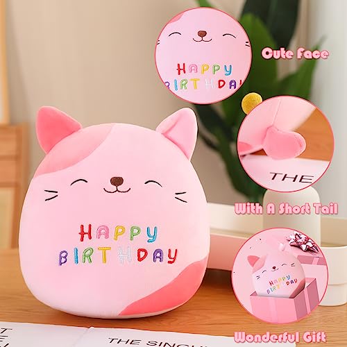 SQEQE Cat Plush Cuddly Birthday Cat Stuffed Animal Toy Soft Kitty Plush Pillows Cartoon Cat Plushies Doll Gift for Kids Birthday (Pink, 10 inch)