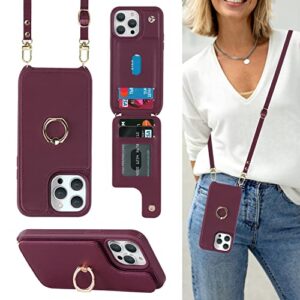 lipvina for iphone 13 case with card holder for women,for iphone 13 phone case with strap,crossbody lanyard,ring stand,rfid blocking,cute wallet cases for iphone 13 6.1 inch(wine red)