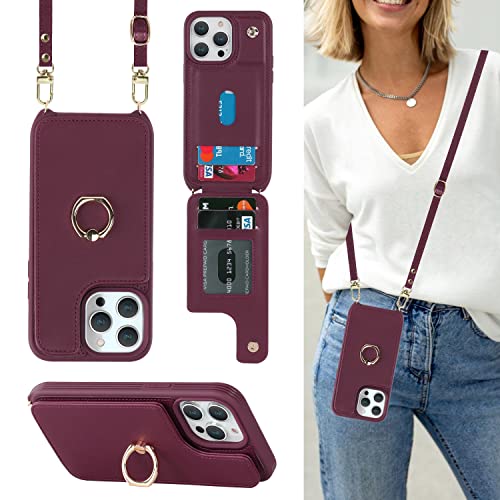 Lipvina for iPhone 13 Case with Card Holder for Women,for iPhone 13 Phone Case with Strap,Crossbody Lanyard,Ring Stand,RFID Blocking,Cute Wallet Cases for iPhone 13 6.1 inch(Wine Red)