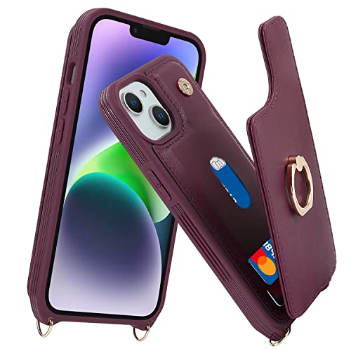 Lipvina for iPhone 13 Case with Card Holder for Women,for iPhone 13 Phone Case with Strap,Crossbody Lanyard,Ring Stand,RFID Blocking,Cute Wallet Cases for iPhone 13 6.1 inch(Wine Red)