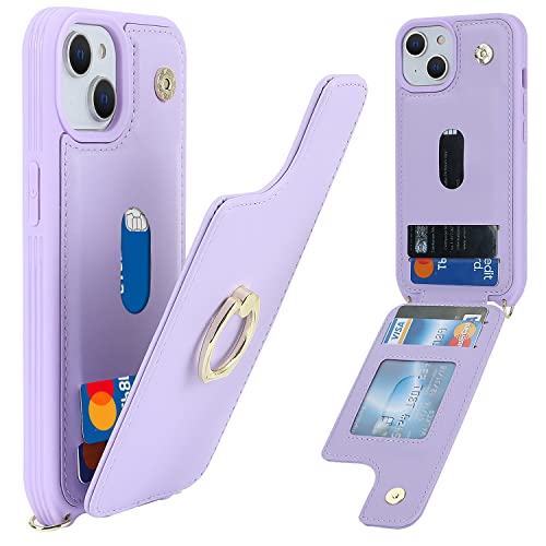 Lipvina for iPhone 13 Case with Card Holder for Women,for iPhone 13 Phone Case with Strap,Crossbody Lanyard,Ring Stand,RFID Blocking,Cute Wallet Cases for iPhone 13 6.1 inch(Purple)