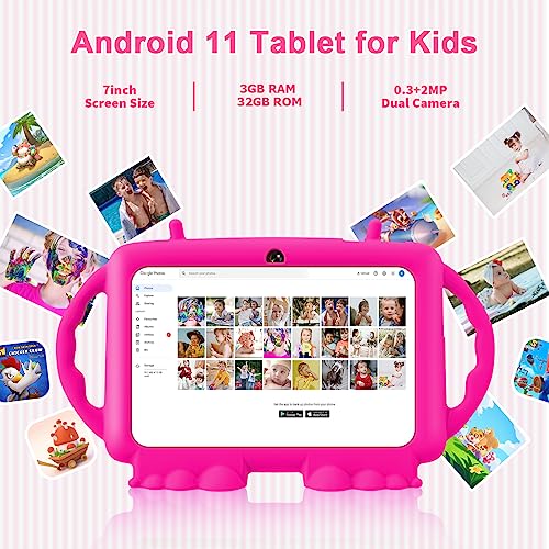 Relndoo Kids Tablet, 7 inch Android 11 Tablet for Kids, 3GB RAM 32GB ROM, Toddler Tablet with Bluetooth, WiFi, Parental Control, Dual Camera, GMS, Shockproof Case, Kids App Pre-Installed