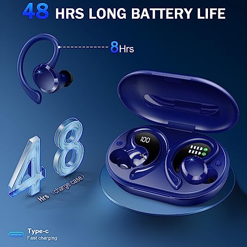 Wireless Earbuds Bluetooth Headphones Sport, Bluetooth 5.3 Earbuds Immersive HiFi Stereo Over-Ear Buds, 48Hrs Earphones in Ear with Earhooks, HD Mic, IP7 Waterproof Headset for Workout Running (Blue)