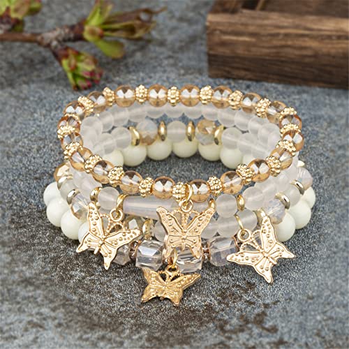 4Pcs Set Bohemian Butterfly Crystal Stone Stretch Pendant Bracelets for Women Girls Gold Beaded Stackable Stretch Bracelet Colorful Charm Jewelry Boho Summer Beach-White