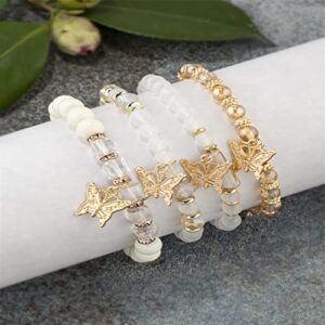 4Pcs Set Bohemian Butterfly Crystal Stone Stretch Pendant Bracelets for Women Girls Gold Beaded Stackable Stretch Bracelet Colorful Charm Jewelry Boho Summer Beach-White