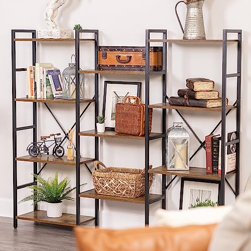 SUPERJARE Triple 4 Tier Bookshelf, Bookcase with 11 Open Display Shelves, Wide Book Shelf Book Case for Home & Office, Rustic Brown