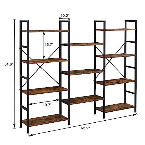 SUPERJARE Triple 4 Tier Bookshelf, Bookcase with 11 Open Display Shelves, Wide Book Shelf Book Case for Home & Office, Rustic Brown