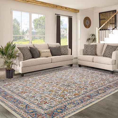 Area Rugs for Living Room Bedroom: 8x10 Rug Machine Washable with Non-Slip Backing Non-Shedding Stain Resistant, Boho Floral Large Carpet for Dining Room Nursery Home Office Indoor Decor (Blue/Brown)