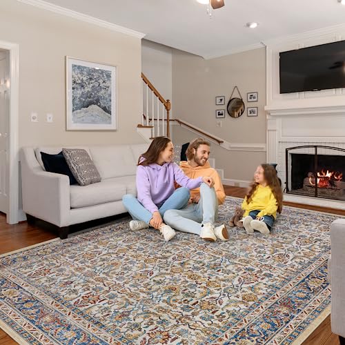 Area Rugs for Living Room Bedroom: 8x10 Rug Machine Washable with Non-Slip Backing Non-Shedding Stain Resistant, Boho Floral Large Carpet for Dining Room Nursery Home Office Indoor Decor (Blue/Brown)