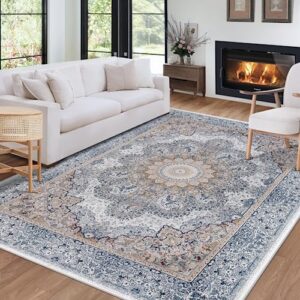 rugs for living room 8x10 area rugs: large rug machine washable with non-slip backing non-shedding stain resistant, boho carpet for bedroom dining room nursery home office indoor decor (blue/brown)
