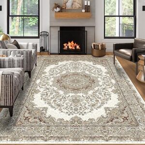 area rug living room rugs: 8x10 washable oriental persian carpet for bedroom under dining table large farmhouse floral distressed indoor non slip decor home office nursery - beige