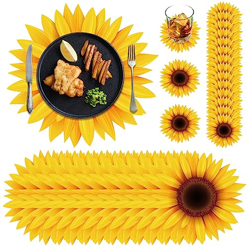 200 Pcs Disposable Paper Place Mat Coaster Set Include Paper Placemats Disposable and Coasters Bulk Table Paper Placemats Outdoor Indoor for Dining Table Baby Shower Birthday Party (Sunflower)