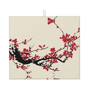 japanese floral cherry blossom printed drying mat for kitchen ultra absorbent microfiber dishes drainer mats non-slip silicone quick dry pad - 18 x 16inch