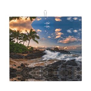 palm trees clouds tropical coast printed drying mat for kitchen ultra absorbent microfiber dishes drainer mats non-slip silicone quick dry pad - 18 x 16inch