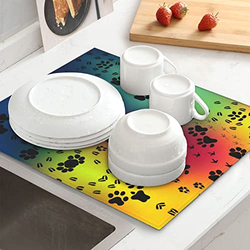 Paw Prints Pattern Printed Drying Mat For Kitchen Ultra Absorbent Microfiber Dishes Drainer Mats Non-Slip Silicone Quick Dry Pad - 18 X 16inch