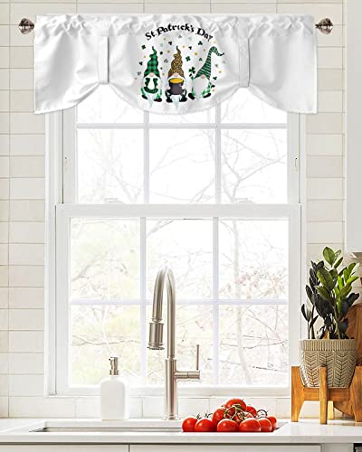 Semi-Sheer Kitchen Valances for Windows, Adjustable Tie Up Valances Curtains Light Filtering, St Patrick's Day White Background Shamrock Gnomes and Gold Coin Elegant Window Toppers Valances 42x12in