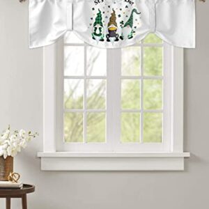 Semi-Sheer Kitchen Valances for Windows, Adjustable Tie Up Valances Curtains Light Filtering, St Patrick's Day White Background Shamrock Gnomes and Gold Coin Elegant Window Toppers Valances 42x12in