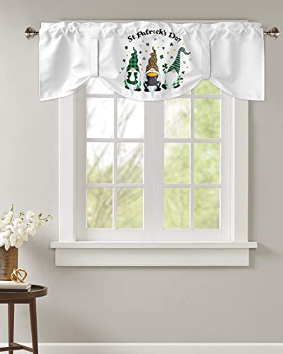 Semi-Sheer Kitchen Valances for Windows, Adjustable Tie Up Valances Curtains Light Filtering, St Patrick's Day White Background Shamrock Gnomes and Gold Coin Elegant Window Toppers Valances 42x12in