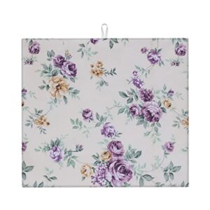 purple pink flower printed drying mat for kitchen ultra absorbent microfiber dishes drainer mats non-slip silicone quick dry pad - 18 x 16inch
