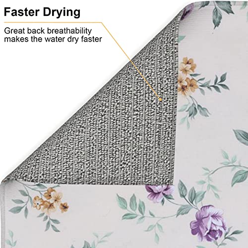 Purple Pink Flower Printed Drying Mat For Kitchen Ultra Absorbent Microfiber Dishes Drainer Mats Non-Slip Silicone Quick Dry Pad - 18 X 16inch