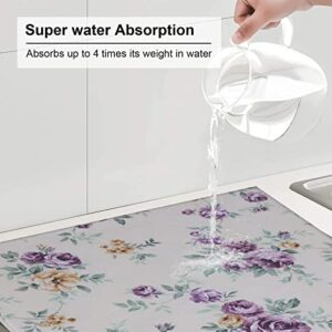 Purple Pink Flower Printed Drying Mat For Kitchen Ultra Absorbent Microfiber Dishes Drainer Mats Non-Slip Silicone Quick Dry Pad - 18 X 16inch