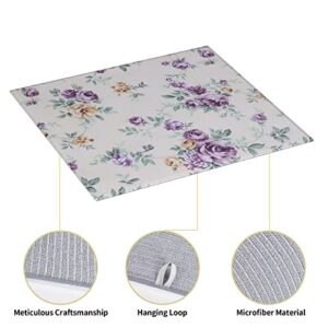 Purple Pink Flower Printed Drying Mat For Kitchen Ultra Absorbent Microfiber Dishes Drainer Mats Non-Slip Silicone Quick Dry Pad - 18 X 16inch