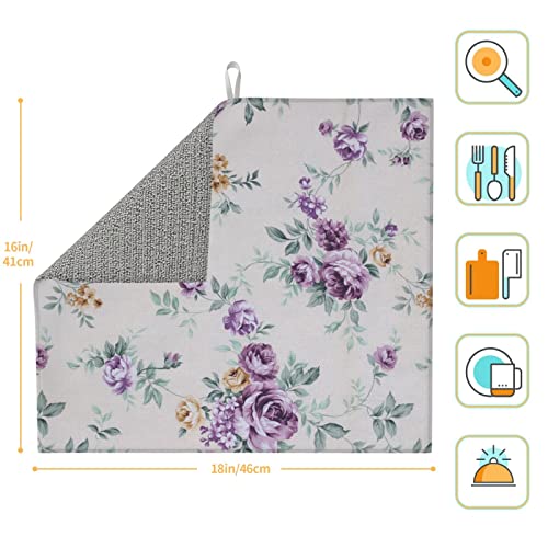 Purple Pink Flower Printed Drying Mat For Kitchen Ultra Absorbent Microfiber Dishes Drainer Mats Non-Slip Silicone Quick Dry Pad - 18 X 16inch