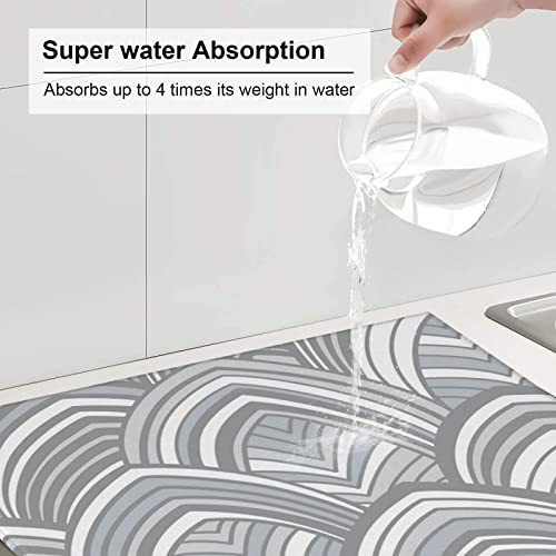 Grey pattern Printed Drying Mat For Kitchen Ultra Absorbent Microfiber Dishes Drainer Mats Non-Slip Silicone Quick Dry Pad - 18 X 16inch