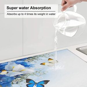 Flowers and Butterfly Printed Drying Mat For Kitchen Ultra Absorbent Microfiber Dishes Drainer Mats Non-Slip Silicone Quick Dry Pad - 18 X 16inch