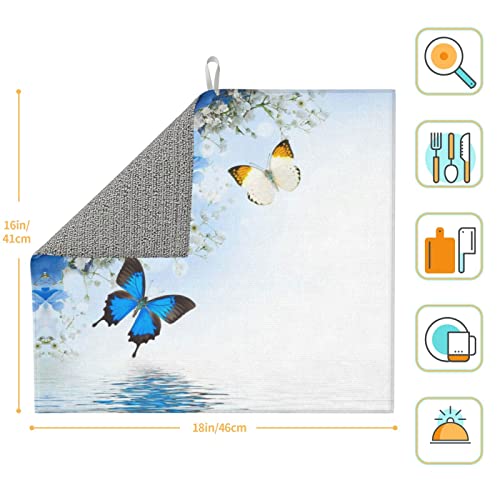 Flowers and Butterfly Printed Drying Mat For Kitchen Ultra Absorbent Microfiber Dishes Drainer Mats Non-Slip Silicone Quick Dry Pad - 18 X 16inch