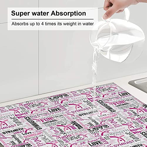 Gymnastics Pink Printed Drying Mat For Kitchen Ultra Absorbent Microfiber Dishes Drainer Mats Non-Slip Silicone Quick Dry Pad - 18 X 16inch