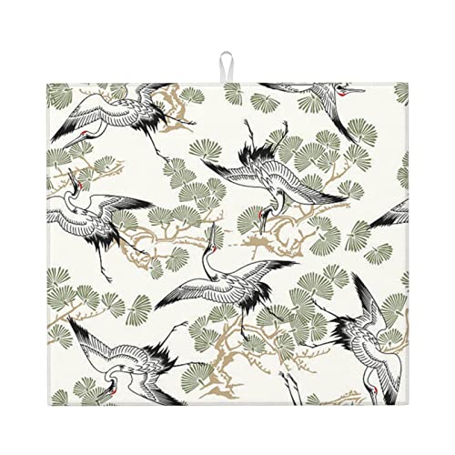 Japanese Crane & Pine Printed Drying Mat For Kitchen Ultra Absorbent Microfiber Dishes Drainer Mats Non-Slip Silicone Quick Dry Pad - 18 X 16inch