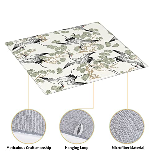 Japanese Crane & Pine Printed Drying Mat For Kitchen Ultra Absorbent Microfiber Dishes Drainer Mats Non-Slip Silicone Quick Dry Pad - 18 X 16inch