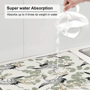 Japanese Crane & Pine Printed Drying Mat For Kitchen Ultra Absorbent Microfiber Dishes Drainer Mats Non-Slip Silicone Quick Dry Pad - 18 X 16inch