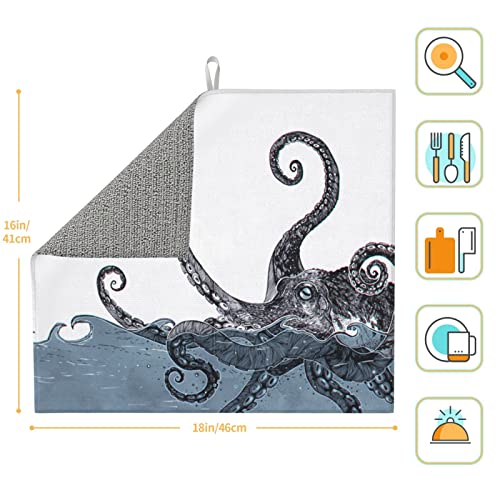 Octopus in the sea Printed Drying Mat For Kitchen Ultra Absorbent Microfiber Dishes Drainer Mats Non-Slip Silicone Quick Dry Pad - 18 X 16inch