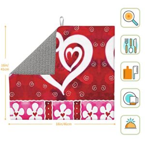 Heart & Flowers Printed Drying Mat For Kitchen Ultra Absorbent Microfiber Dishes Drainer Mats Non-Slip Silicone Quick Dry Pad - 18 X 16inch