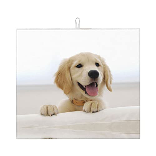 Golden Retriever Puppies Printed Drying Mat For Kitchen Ultra Absorbent Microfiber Dishes Drainer Mats Non-Slip Silicone Quick Dry Pad - 18 X 16inch