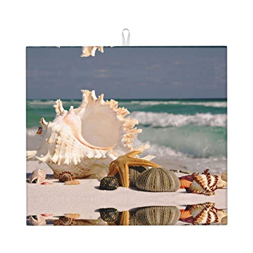 Large Seashell Starfish Printed Drying Mat For Kitchen Ultra Absorbent Microfiber Dishes Drainer Mats Non-Slip Silicone Quick Dry Pad - 18 X 16inch