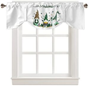 Semi-Sheer Kitchen Valances for Windows, Adjustable Tie Up Valances Curtains Light Filtering, St Patrick's Day White Background Shamrock Gnomes and Gold Coin Elegant Window Toppers Valances 42x18in