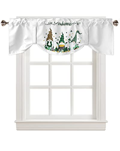 Semi-Sheer Kitchen Valances for Windows, Adjustable Tie Up Valances Curtains Light Filtering, St Patrick's Day White Background Shamrock Gnomes and Gold Coin Elegant Window Toppers Valances 42x18in