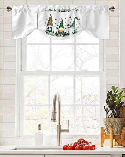 Semi-Sheer Kitchen Valances for Windows, Adjustable Tie Up Valances Curtains Light Filtering, St Patrick's Day White Background Shamrock Gnomes and Gold Coin Elegant Window Toppers Valances 42x18in