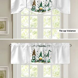 Semi-Sheer Kitchen Valances for Windows, Adjustable Tie Up Valances Curtains Light Filtering, St Patrick's Day White Background Shamrock Gnomes and Gold Coin Elegant Window Toppers Valances 42x18in