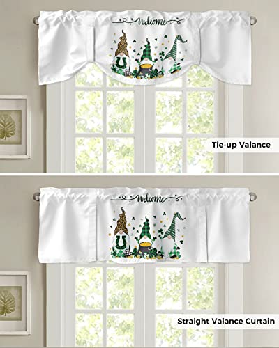 Semi-Sheer Kitchen Valances for Windows, Adjustable Tie Up Valances Curtains Light Filtering, St Patrick's Day White Background Shamrock Gnomes and Gold Coin Elegant Window Toppers Valances 42x18in