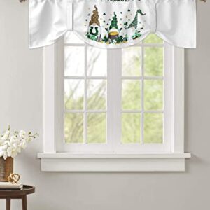 Semi-Sheer Kitchen Valances for Windows, Adjustable Tie Up Valances Curtains Light Filtering, St Patrick's Day White Background Shamrock Gnomes and Gold Coin Elegant Window Toppers Valances 42x18in