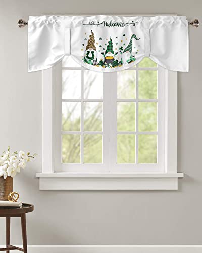 Semi-Sheer Kitchen Valances for Windows, Adjustable Tie Up Valances Curtains Light Filtering, St Patrick's Day White Background Shamrock Gnomes and Gold Coin Elegant Window Toppers Valances 42x18in