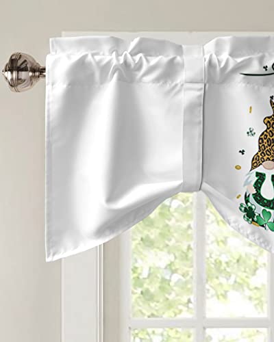 Semi-Sheer Kitchen Valances for Windows, Adjustable Tie Up Valances Curtains Light Filtering, St Patrick's Day White Background Shamrock Gnomes and Gold Coin Elegant Window Toppers Valances 42x18in