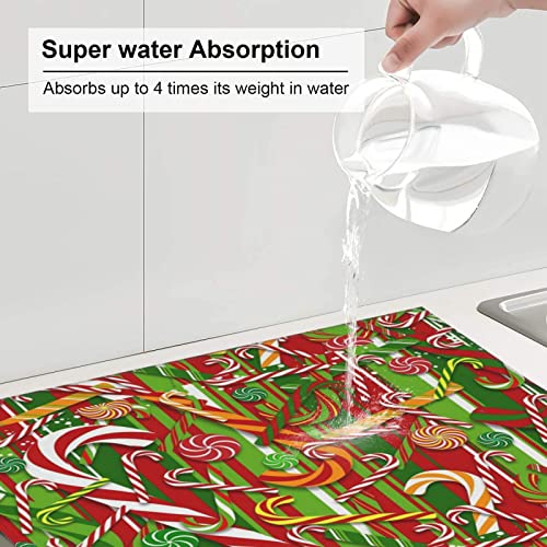 Merry Christmas Printed Drying Mat For Kitchen Ultra Absorbent Microfiber Dishes Drainer Mats Non-Slip Silicone Quick Dry Pad - 18 X 16inch